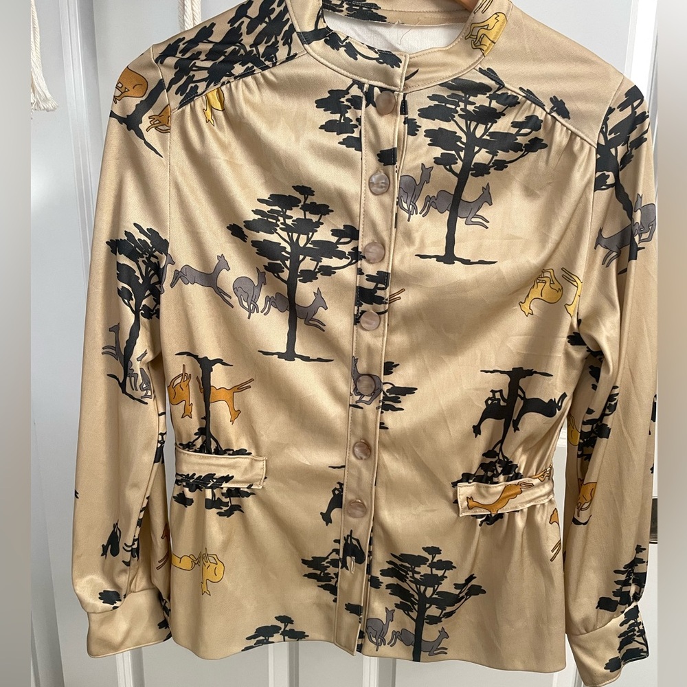 VINTAGE and RARE Classic 1970s Silky Blouse with Whimsical Deers in Trees Design